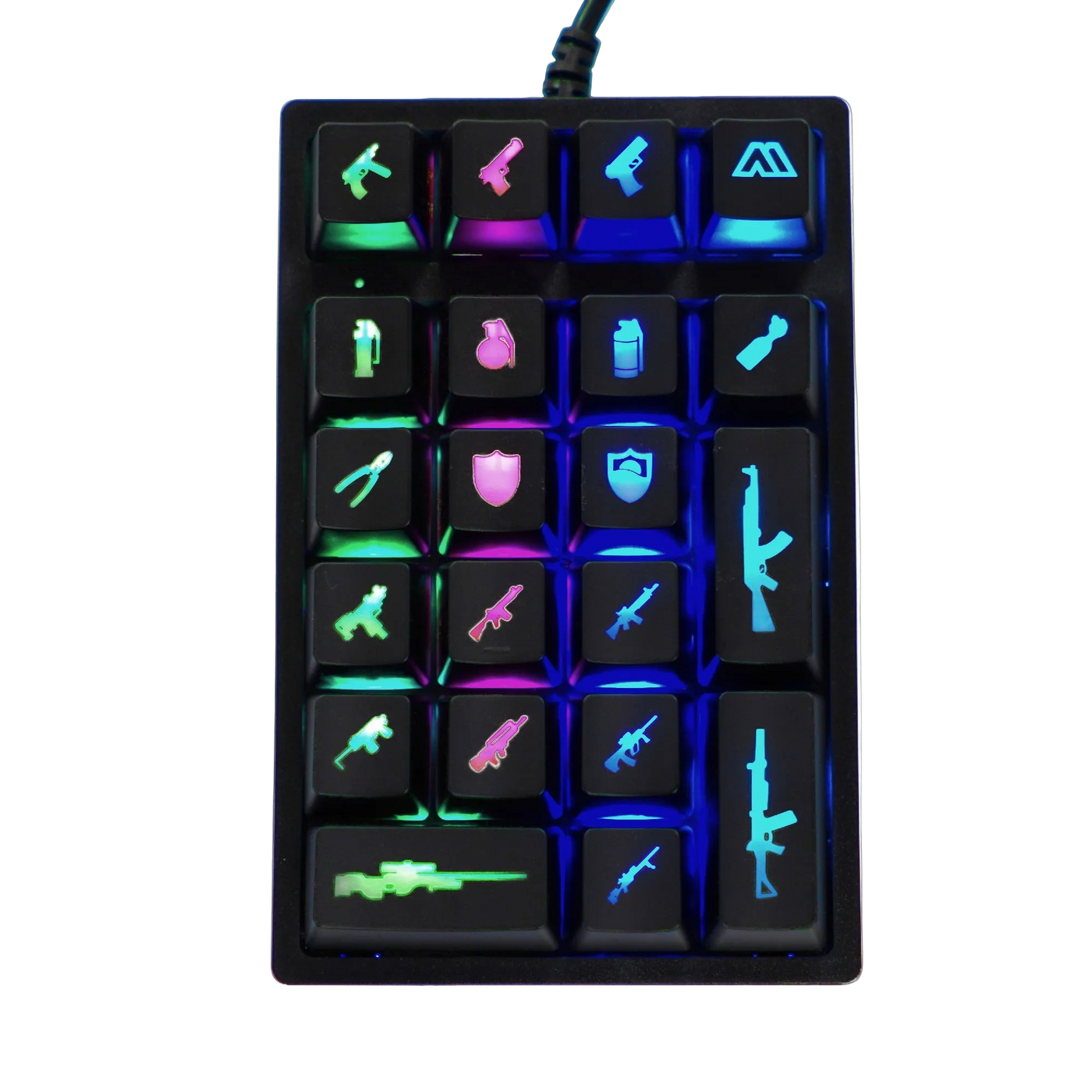 Black gaming keyboard with RGB backlighting on a white background