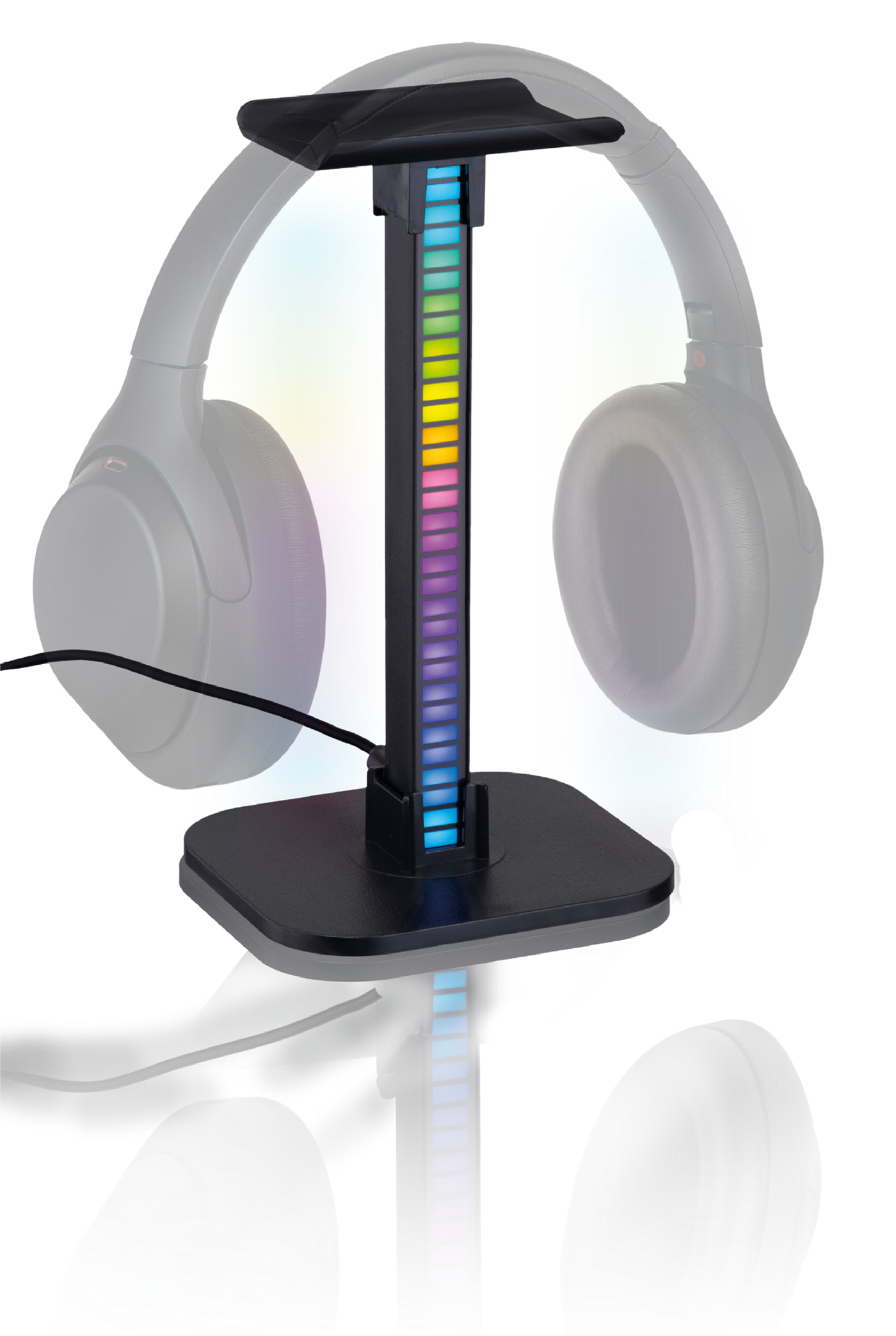 Headphone stand with RGB lighting displaying a gaming headset on a white background